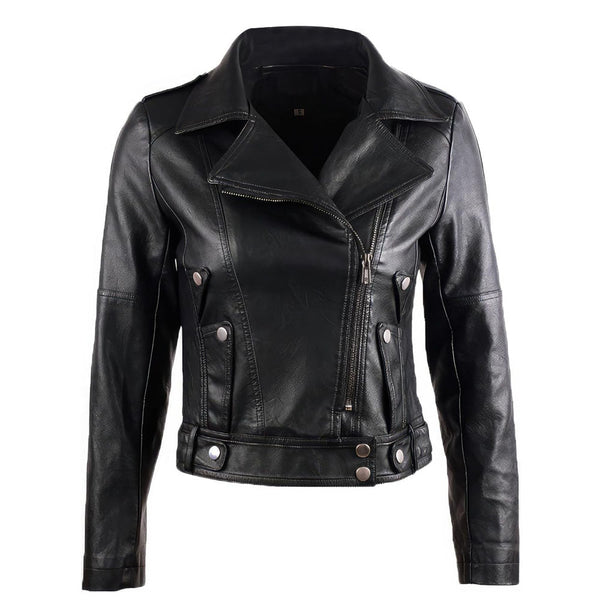 Black Slim-Fit Motorcycle Genuine Sheepskin  Leather Jacket for Women