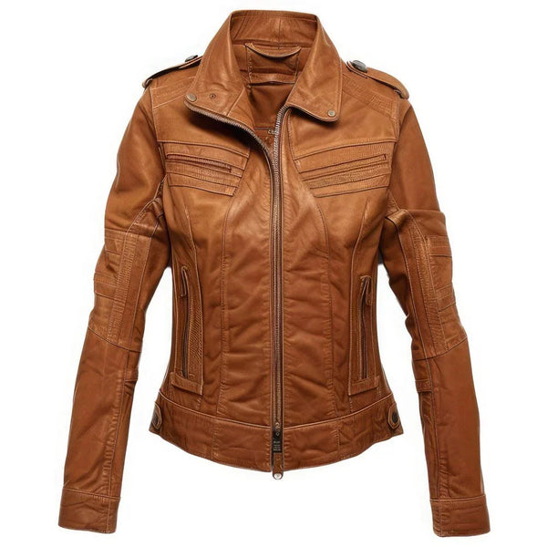 Brown Moto Racer Genuine Sheepskin Biker Leather Jacket for Women