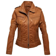 Brown Moto Racer Genuine Sheepskin Biker Leather Jacket for Women