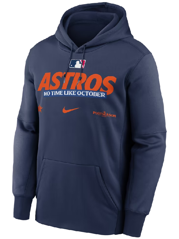 Navy Houston Astros postseason pullover hoodie with orange ASTROS lettering and No Time Like October tagline