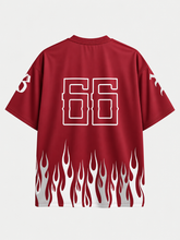 Back of red Billy Bones Club flame graphic tee with large outlined 66 print