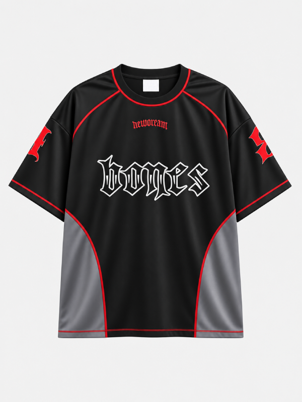 Black Billy Bones Club jersey tee with red piping, gray side panels and gothic bones lettering