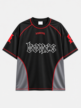 Black Billy Bones Club jersey tee with red piping, gray side panels and gothic bones lettering