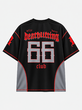 Back of black Billy Bones Club Deathlifting jersey with red blackletter text and large gray 66