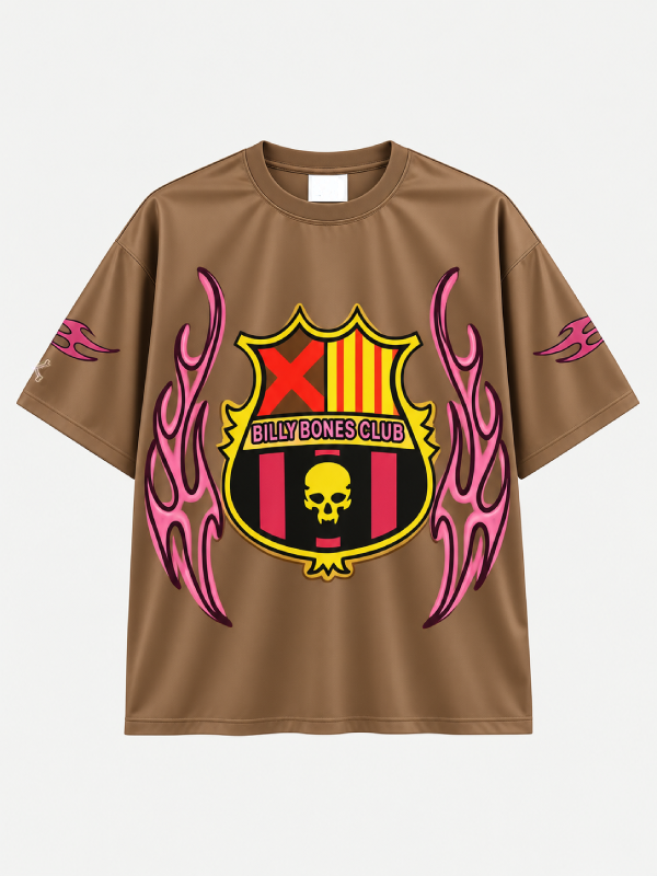 Brown Billy Bones Club Tribal FC tee with skull crest and pink tribal flame graphics