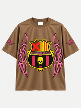 Brown Billy Bones Club Tribal FC tee with skull crest and pink tribal flame graphics