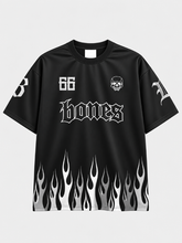 Black Billy Bones Club Burner boxy tee with white gothic bones lettering and flames