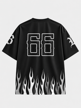 Black flame print boxy tee back view with oversized 66 number graphic