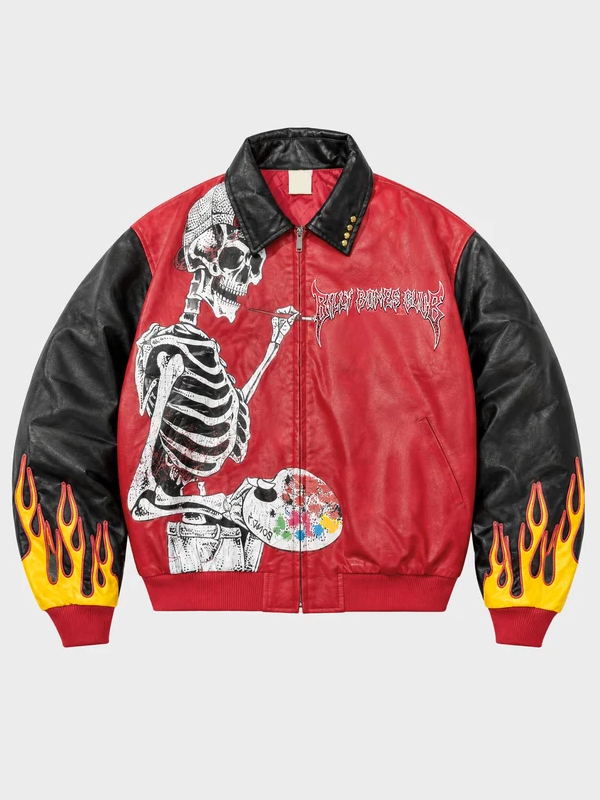 Billy Bones Club black and crimson leather jacket with skeleton painter graphic and flame sleeves