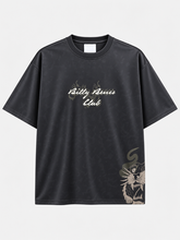 Black Billy Bones Club boxy tee with cream script logo and tiger head graphic on the hem