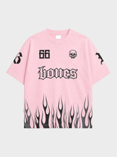 Pink Billy Bones Club Burner boxy tee with black skull, bones lettering and flame hem