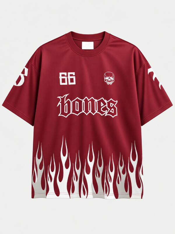 Billy Bones Club Burner boxy tee in red with flame hem, skull logo and 66 front print