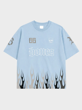 Sky blue Billy Bones Club boxy tee with embroidered-style 66 and gothic bones logo