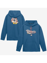 Blue Milwaukee Brewers Wisco City Connect hoodie shown from both sides with Barrelman graphic