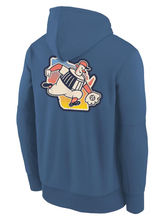 Blue Brewers City Connect hoodie with Barrelman and sunset Wisconsin outline graphic