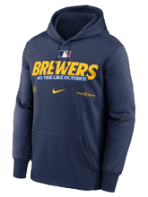 Navy Milwaukee Brewers postseason pullover hoodie with gold BREWERS lettering and No Time Like October tagline