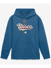 Men's blue Brewers hoodie with cream Wisco script, logo, orange drawcord, and kangaroo pocket
