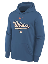 blue Brewers hoodie with cream Wisco script, MLB logo, and kangaroo pocket