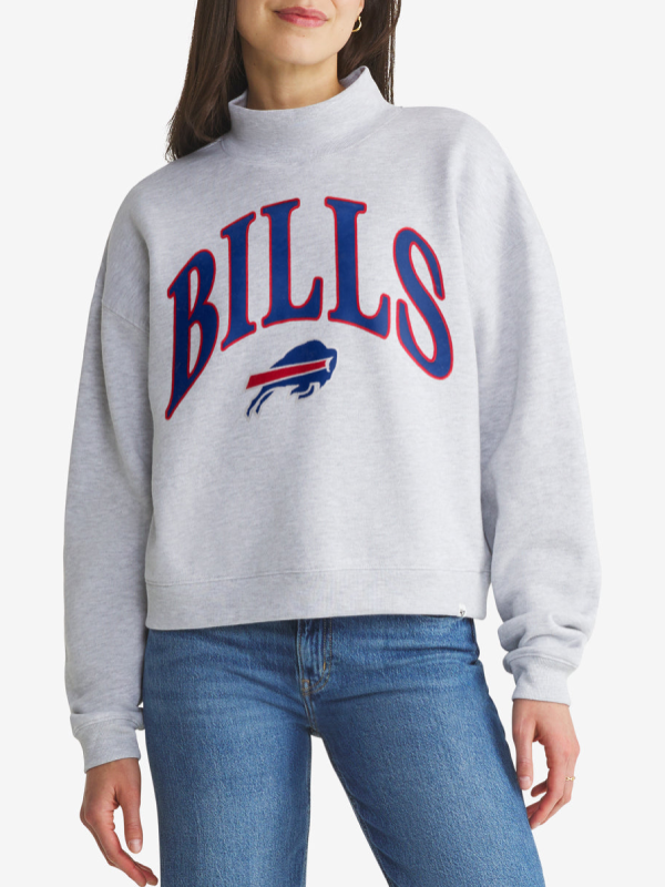 Woman wearing heather gray Buffalo Bills mock neck pullover sweatshirt with arched royal blue and red BILLS wordmark and buffalo logo on the front