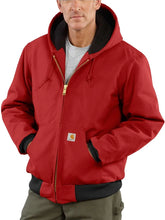 Man wearing red Carhartt hooded jacket with hood down