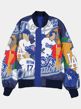 Dodgers Champions all-over print reversible bomber jacket with Ohtani number 17 graphics and navy rib-knit trim