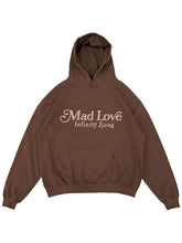 Brown Infinity Song Mad Love Anniversary hoodie with tan Mad Love script and Infinity Song text on the chest