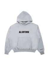 Grey JAY-Z All Offense hoodie with black ALL OFFENSE lettering on the chest, a front kangaroo pocket, and a ROCNATION print on the sleeve cuff