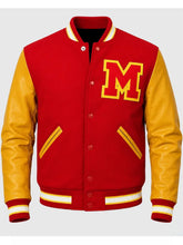 Red wool letterman jacket with yellow leather sleeves, snap buttons and striped ribbed trim
