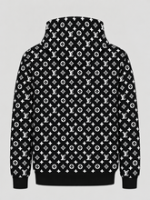 Back view of the black monogram-pattern hoodie with a repeating all-over design.