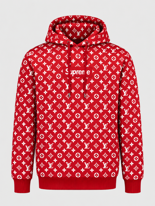 Red monogram-pattern pullover hoodie featuring a Supreme-style box logo on the front.