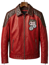 Red leather jacket with quilted collar, studded cuffs, zippered pockets and a Lucky 38 dice patch on the chest