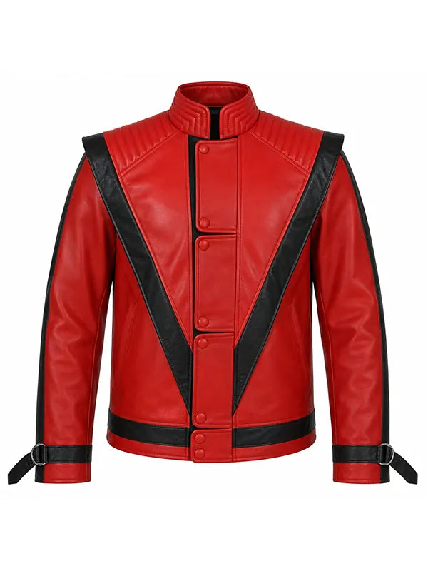 Red leather Thriller jacket with black V stripes, snap button front and buckle strap cuffs