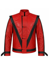 Red leather Thriller jacket with black V stripes, snap button front and buckle strap cuffs