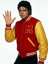 Red and yellow Thriller varsity jacket with yellow leather sleeves and M chest patch