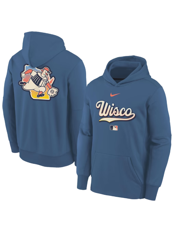 Blue Milwaukee Brewers Wisco City Connect youth hoodie shown from both sides with Barrelman graphic