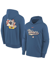 Blue Milwaukee Brewers Wisco City Connect youth hoodie shown from both sides with Barrelman graphic
