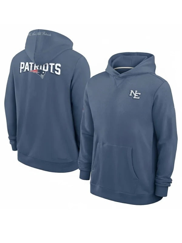 Storm blue New England Patriots Rivalries hoodie with embroidered NE logo on the front and PATRIOTS wordmark with logo on the back
