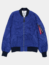 Royal blue Dodgers embroidered bomber jacket with front zipper and Alpha Industries New Era sleeve flight tag