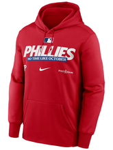 Red Philadelphia Phillies postseason pullover hoodie with white PHILLIES lettering and No Time Like October tagline