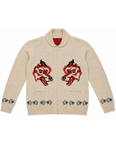 Front view of the cream wool wolf cardigan inspired by Ryan Gosling's Project Hail Mary look