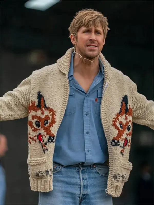Ryan Gosling wearing the wolf cardigan on the set of Project Hail Mary 2026