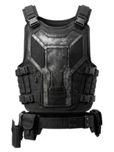Black tactical leather vest with distressed gray panels, side straps and belt pouches