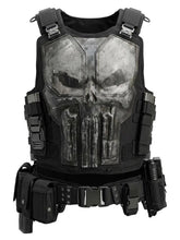 Black Punisher skull tactical vest with gray chest plate, shoulder buckles and utility belt