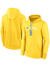 Yellow Boston Red Sox City Connect pullover hoodie shown from both sides with blue B and BOSTON wordmark