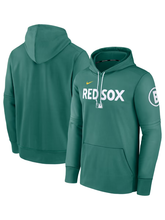 Green Boston Red Sox pullover hoodie shown from both sides with white RED SOX wordmark and sleeve patch