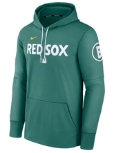 Men's green Red Sox hoodie with white drawcord, kangaroo pocket, and circled B sleeve patch