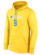 Men's yellow Red Sox hoodie with blue drawcord, MLB logo, and kangaroo pocket