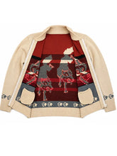Ryan Gosling wolf cardigan from Project Hail Mary shown open with red interior lining and patch pockets