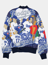 Shohei Ohtani number 17 Dodgers championship graphic print with LA rings and script lettering on a reversible jacket