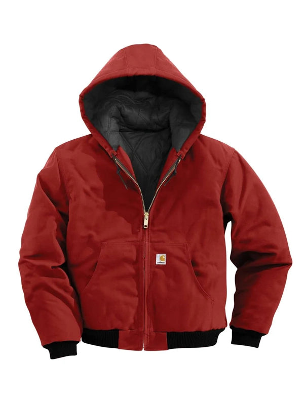 Red Carhartt hooded duck canvas jacket front view with hood up